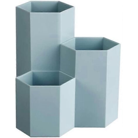 Boîte de rangement hexagonale en plastique pour stylos, crayons et pinceaux, bleue.