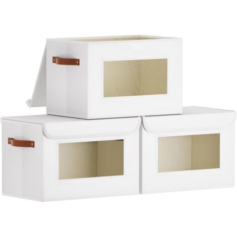 Boîte de Rangement - Lot de 3 - Lin et Carton - Pliable avec Couvercle - Pour Armoire et Salon - Blanc 33x23x20cm