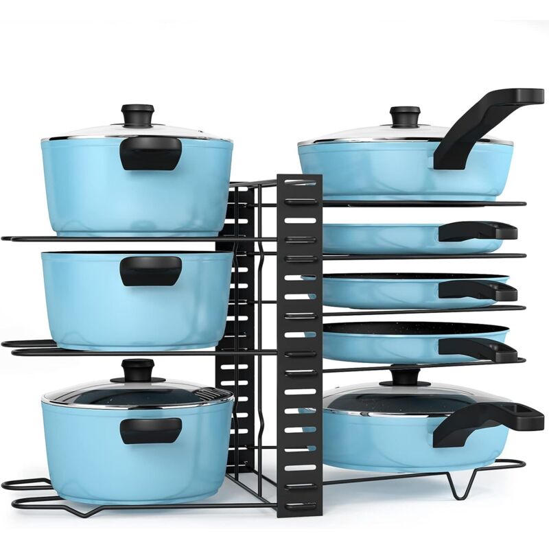 Boîte de rangement noire pour casseroles avec 8 compartiments réglables et couvercle, s'intègre dans une armoire, une boîte de rangement pour