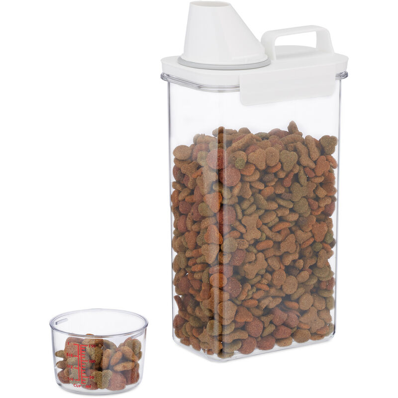 Boîte de rangement nourriture, verre doseur, couvercle hermétique, 2,3 l, croquettes, céréales, transparent - Relaxdays
