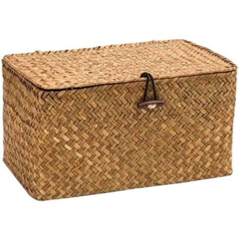 Boîte de rangement - Panier de rangement - Organiseur - Boîte de tri - Avec bouton - Avec couvercle - Rotin - 26 x 16 x 10 cm