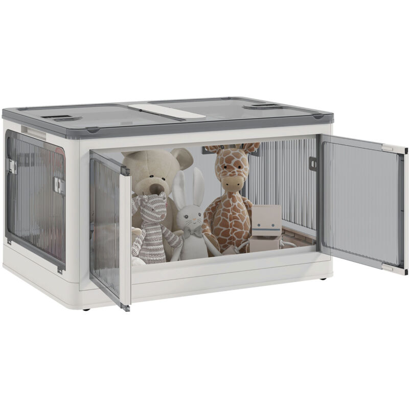 Boîte de rangement plastique 69L pliable empilable couvercle 4 roulettes accès 5 côtés blanc gris