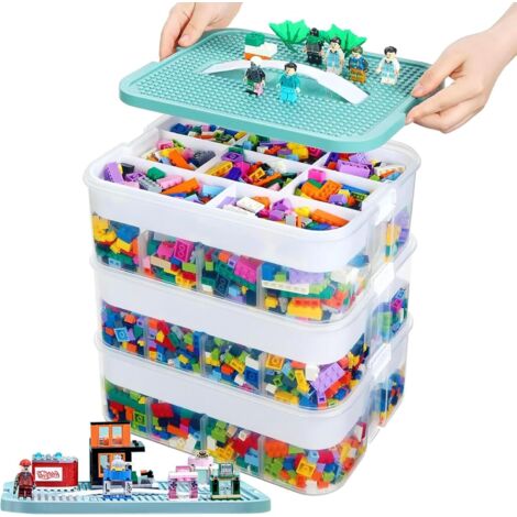 TEHTUY Boîte de Rangement Plastique pour Lego, 3 Couches avec Couvercle, Empilable et Transparent, Compartiments pour Jouets d'Enfants