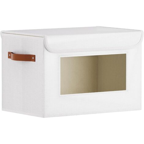 Boîte de Rangement Pliable - 1 Pièce - Lin et Carton - Couvercle et Fenêtre - Salon Chambre Bureau - Blanc 33x23x20cm