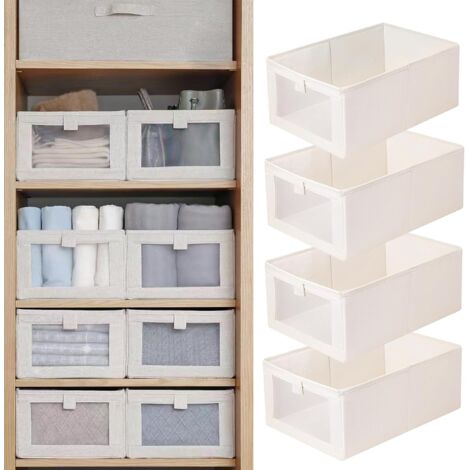 Boîte De Rangement Pliable - Coton Et Lin Avec Fenêtre Transparente - Pour Armoire, Étagères, Vêtements, Jeans - Lot De 4