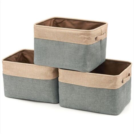 Boîte de Rangement Pliable en Coton de Jute avec Poignée, Panier à Linge, Meuble de Rangement pour Armoire, Dressing, Penderie – Lot de 3, Gris et Beige