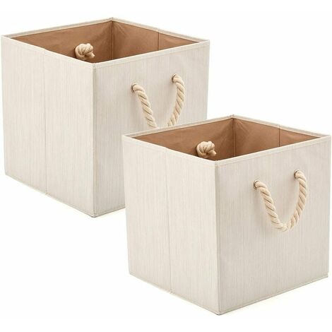 Boîte de Rangement Pliable en Tissu de Coton en Bambou avec Poignées, Panier de Rangement, Caisse de Rangement pour Cuisine, Chambre d’Enfant, Bibliothèque, Étagère – Lot de 2, Beige
