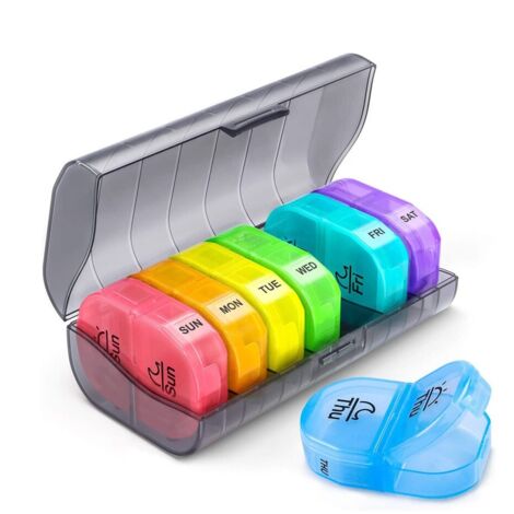Boîte de rangement portable, 7 jours matin et soir, une boîte, 2 poches, boîte de rangement portable résistante à l'humidité pour sacs à main ou poches, pour ranger (arc-en-ciel)