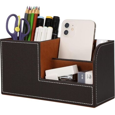 Boîte de rangement pour bureau en cuir véritable – Pot à stylos élégant et minimaliste avec 3 compartiments, idéal pour stylos, crayons et accessoires de bureau (couleur brun)