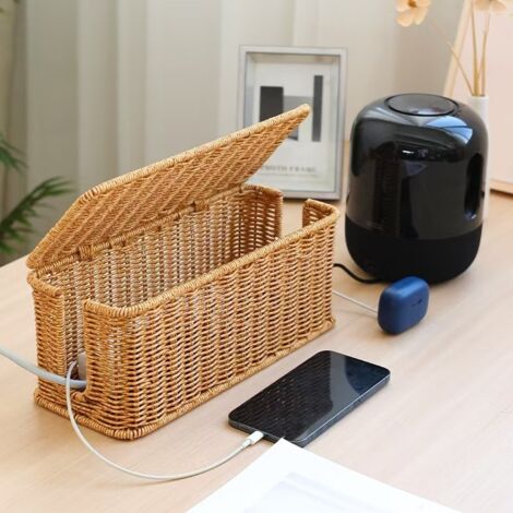 Boîte de rangement pour câbles de bureau style nordique, panier de rangement pour prises électriques aspect rotin, organiseur de cordons d'alimentation dissimulé, 31,5 x 13 x 13 cm