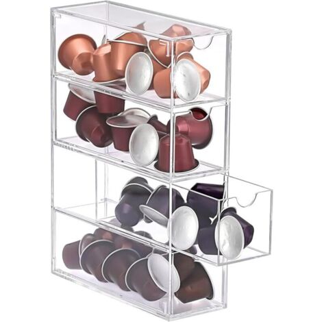 Boîte de rangement pour capsules de café en acrylique avec 4 tiroirs - Porte-capsules transparent 25 x 17,5 x 6,5 cm - Compatible avec les capsules Nespresso - Organiseur