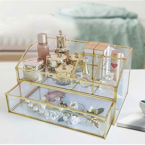 Boîte de rangement pour cosmétiques - Organisateur de maquillage - Porte-pinceaux vintage en métal doré et verre - avec 1 tiroir organisateur de cosmétiques - Boîte de rangement de bureau