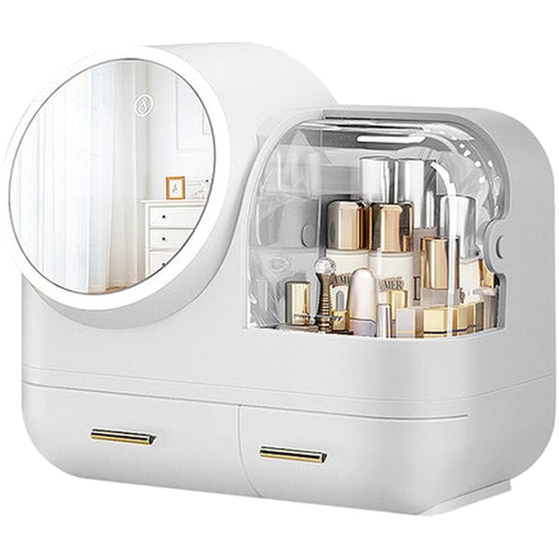 Caja organizadora Maquillaje Ámsterdam, con espejo, tapa y luz led, 28x36x21 cm - Blanco - Blanco - Joybos