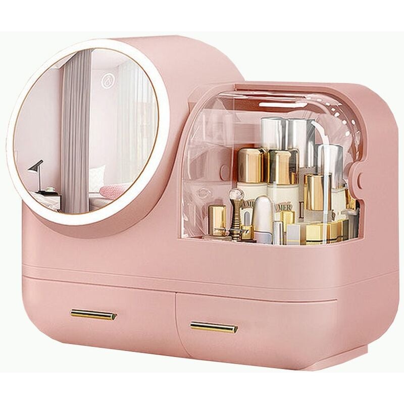 Joybos - boîte organisatrice de maquillage avec miroir et lumière led rose