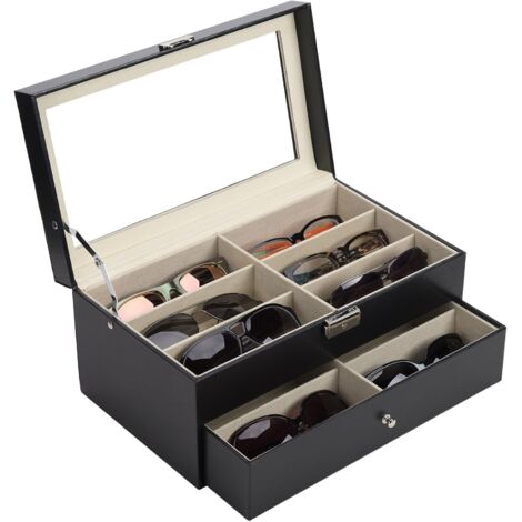 Boîte de rangement pour lunettes, boîte à bijoux, présentoir à lunettes de soleil, organisateur de lunettes et de bijoux en cuir PU (12 compartiments)