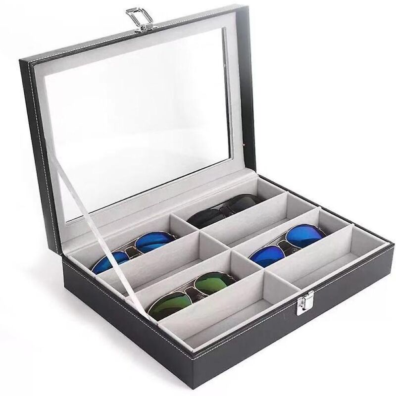 Boîte de rangement pour lunettes de soleil à 8 compartiments, présentoir portable pour lunettes, organisateur en cuir pu