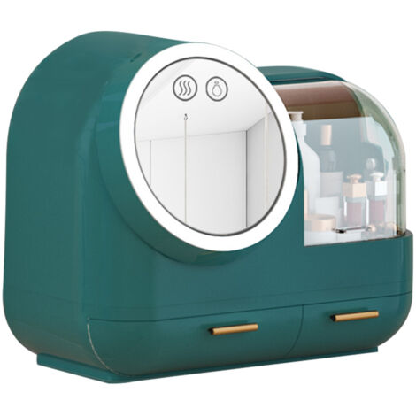 Boîte de rangement pour maquillage avec miroir et ventilateur LED, idéale pour une coiffeuse de bureau. Grande capacité. Présentoir pour produits de soin. Cadeau parfait pour une petite amie.