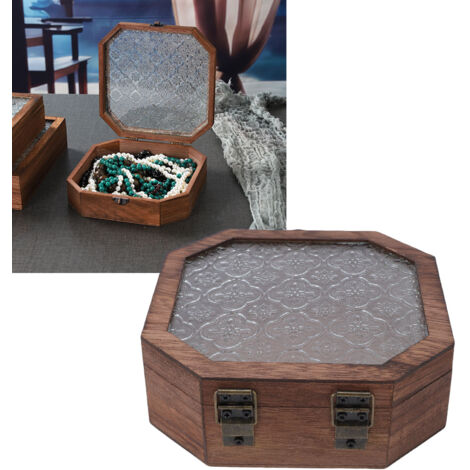 Boîte de rangement pour maquillage et bijoux en bois à motif floral vintage, petite boîte octogonale décorative.