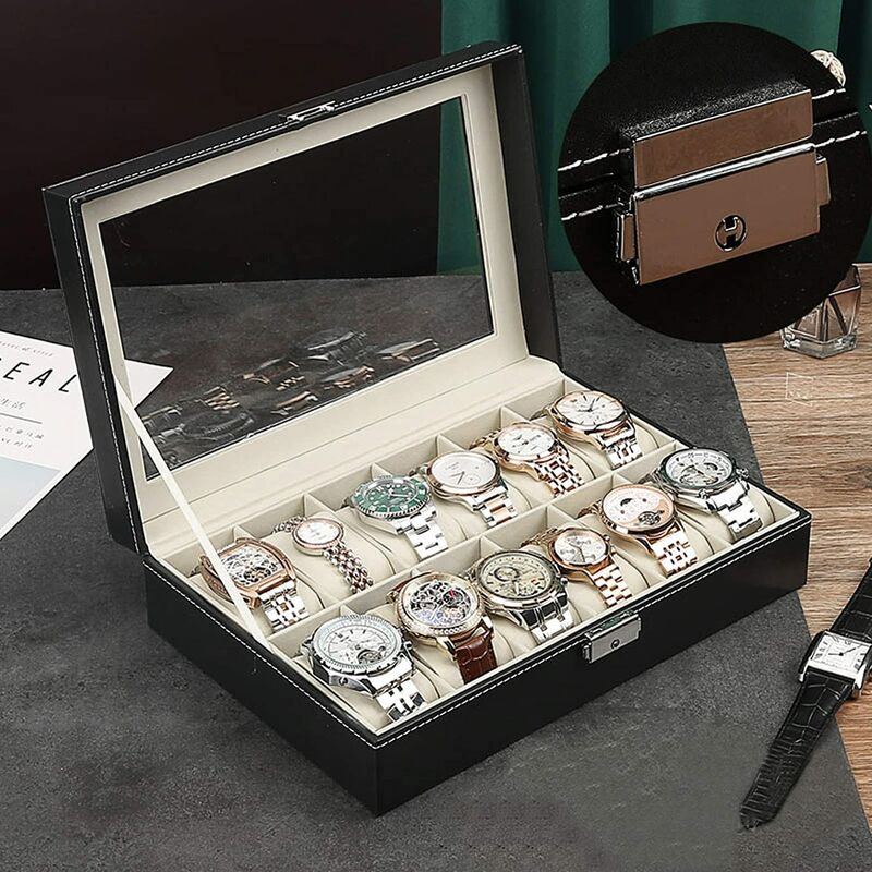 Boîte de rangement pour montres avec 12 grilles en cuir pu, velours et verre véritable.