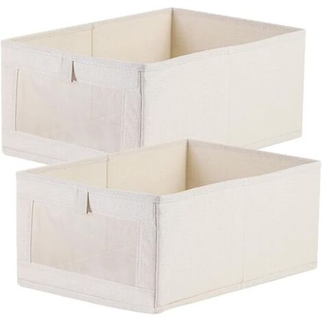 Boite de Rangement pour Penderie 2PCS Organisateur de Tiroir Pliable en Tissu Coton et Lin avec Fenêtre Transparente pour Vêtements, Lessive, Jouets, Livres 41x28x17cm Beige