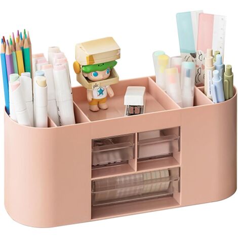Boîte de rangement pour porte-stylos, organiseur de bureau 10 compartiments grande capacité, tiroir transparent double couche, peut contenir des crayons, divers articles de papeterie (Rose)