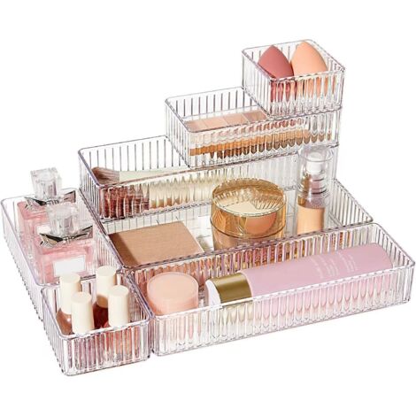Boîte De Rangement Pour Tiroir - Acrylique Transparent - Empilable - Pour Maquillage Bureau Cuisine Salle De Bain - 7 Pièces En 4 Tailles
