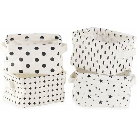 Boîte de Rangement Pratique Tiroir en Tissu Lin Panier Stockage de Bureau de Coton Pliable Organisateur pour Maquillage et Jouets Imprimés Étoile/Points/Sapins Motif Blanc