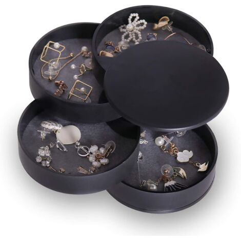 Boîte de rangement ronde noire pour bijoux de voyage, pour femmes et enfants - Présentoir à boucles d'oreilles à 4 niveaux et plateau pour bracelets, bagues et colliers