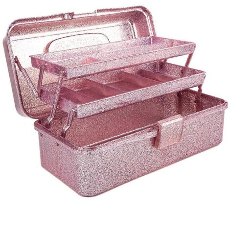 Boîte de rangement rose pailleté pour outils de loisirs créatifs, boîte de transport empilable à 3 niveaux