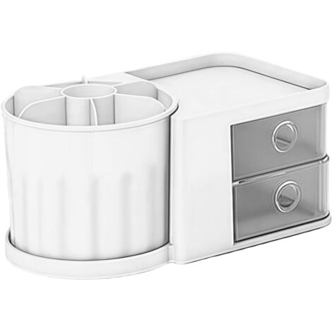 Boîte de rangement rotative, grand présentoir porte-stylos blanc avec boîte de rangement cosmétique rotative et tiroirs.