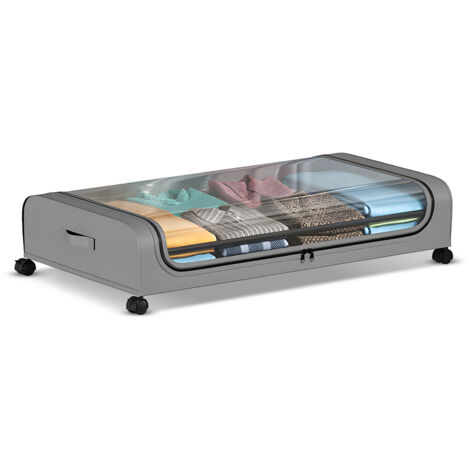 Boîte de rangement sous lit avec couvercle transparent et roues - 80x44x16cm - Capacité 33kg - 2 porte-lattes en aluminium et tissu non tissé - Gris ou Noir - Version 1 ou 2 pièces