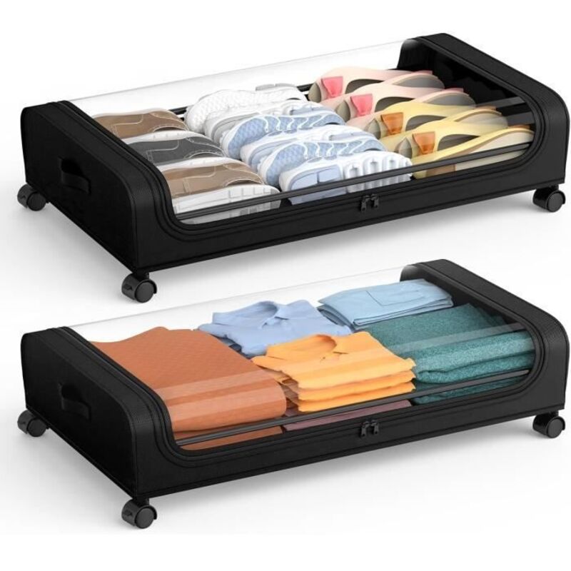 Boîte de Rangement Sous Lit avec Roulettes, Organisateur de Rangement en Rigides avec Couvercle pour Vêtements, Chaussures, 2Pack