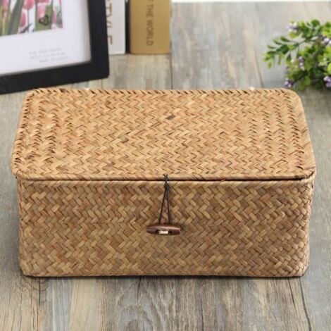 Boîte de rangement TEMPSA en osier naturel - 26x16x9cm - Écologique et pliable avec couvercle - Panier à linge multicolore