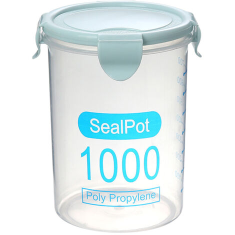 Boîte de rangement transparente en plastique avec fermeture hermétique pour aliments de cuisine, céréales, haricots, noix (1000 ml, bleue)