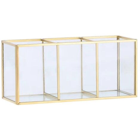 Boîte de rangement transparente en verre pour pinceaux de maquillage, contenant cosmétique doré, comme illustré