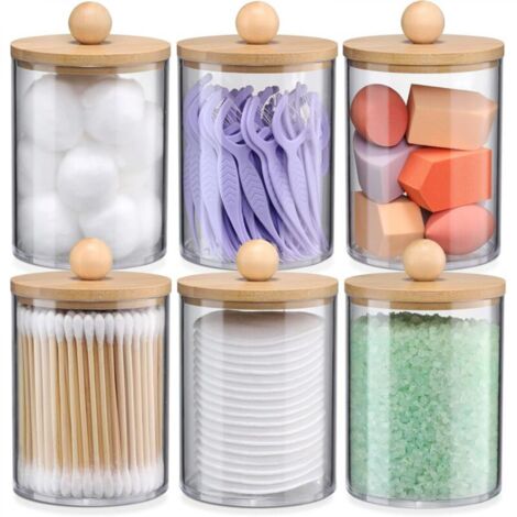 Boîte de rangement transparente pour cotons-tiges, 7,27,210,7cm, contenant 6 disques démaquillants ronds en coton avec couvercle en bambou.