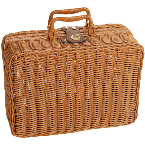 Boîte de rangement tressée en plastique rotin sans odeur, style rétro avec poignée anneau pour extérieur, couleur bois