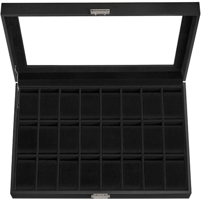 Boîte de rangement verrouillable pour montres avec 24 emplacements, couvercle en verre, cadeau pour vos proches, cuir synthétique noir, doublure