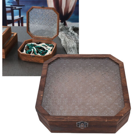 Boîte de rangement vintage en bois, élégante boîte à bijoux avec couvercle en verre et motif de bégonia, grande capacité, idéale pour la maison.