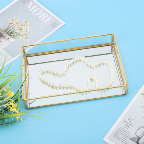 Boîte de Rangement Vintage en Métal et Verre pour Bijoux et Cosmétiques - Plateau Doré (Petite Taille)
