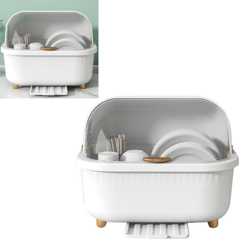 Boîte de Séchage Vaisselle avec Couvercle, Égouttoir Compact Gain de Place pour Cuisine, Accessoire Blanc
