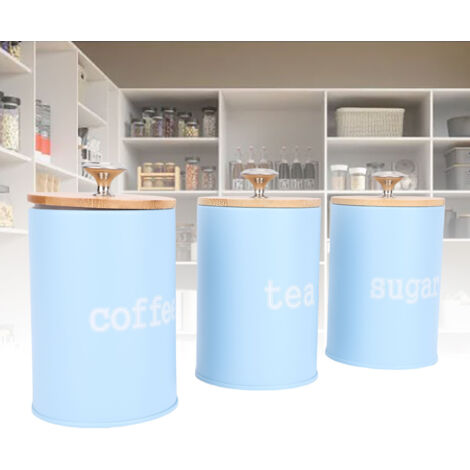 Boîte de Stockage Airtight - Ensemble 3 Pièces en Fer avec Couvercle Bois pour Thé Café Sucre Bleu Vintage