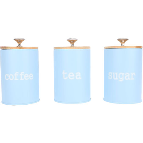 Boîte de Stockage en Fer avec Couvercle Bois pour Café Thé Sucre Multifonctionnel Airtight Set 3 Pièces Vintage 9.4x15.5cm Bleu