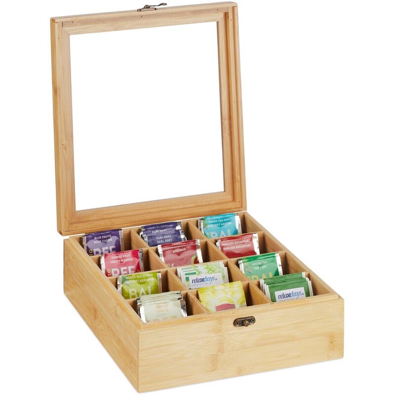 Boîte de thé, 12 compartiments, en bambou, avec couvercle, h x l x p : 9,5 x 26,5 x 28,5 cm, nature - Relaxdays