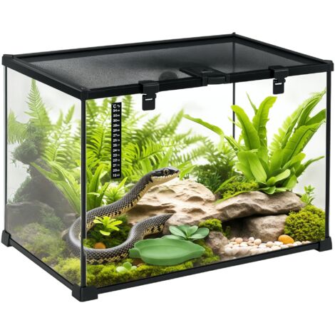 Boîte d'élevage pour reptiles avec couvercle coulissant, grillage aéré et thermomètre intégré