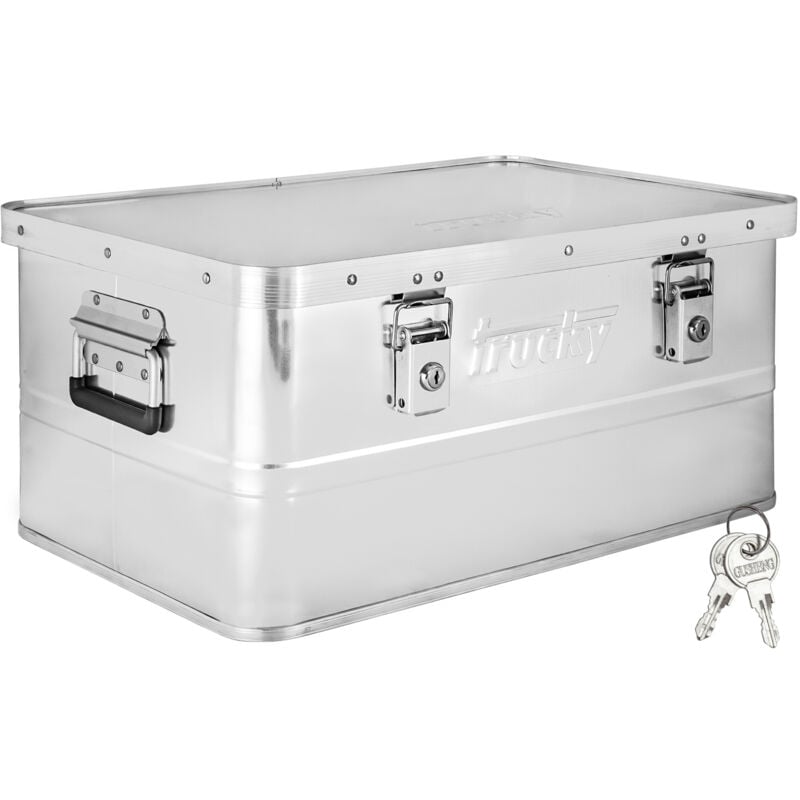 Boîte en aluminium avec couvercle Argentée 50 litres Boîte en métal Boîte de transport Boîte de rangement Verrouillable Trucky