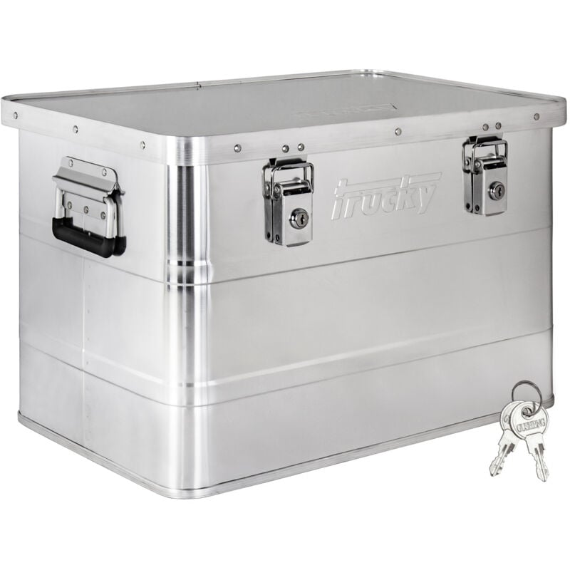 Boîte en aluminium avec couvercle Argentée 65 litres Boîte en métal Boîte de transport Boîte de rangement Verrouillable trucky
