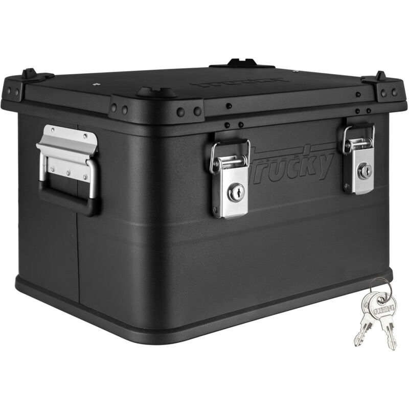 Boîte en aluminium avec couvercle Noir 30 litres Boîte en métal Boîte de transport Boîte de rangement Verrouillable Trucky