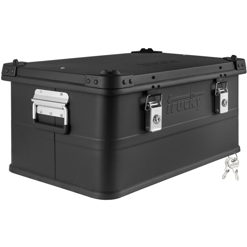 Boîte en aluminium avec couvercle Noir 50 litres Boîte en métal Boîte de transport Boîte de rangement Verrouillable Trucky