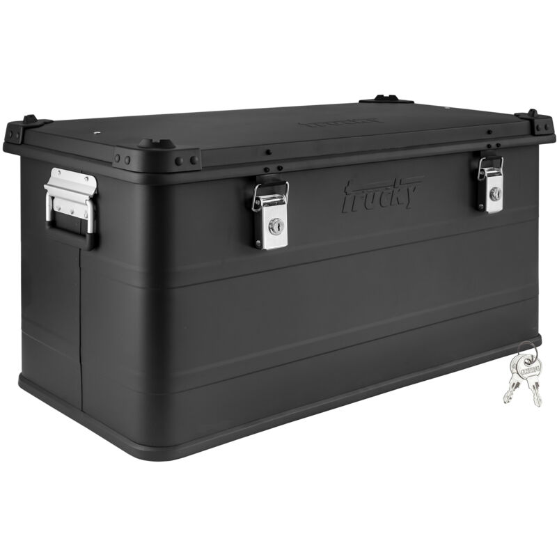 Boîte en aluminium avec couvercle Noir 90 litres Boîte en métal Boîte de transport Boîte de rangement Verrouillable Trucky